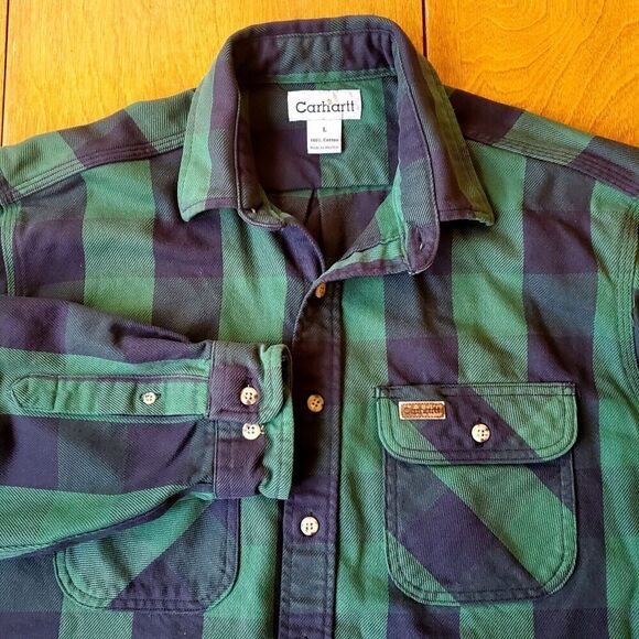 VTG Men's Carhartt Flannel Heavyweight Outdoor Work Shirt Green/Navy Plaid Large - Picture 1 of 14